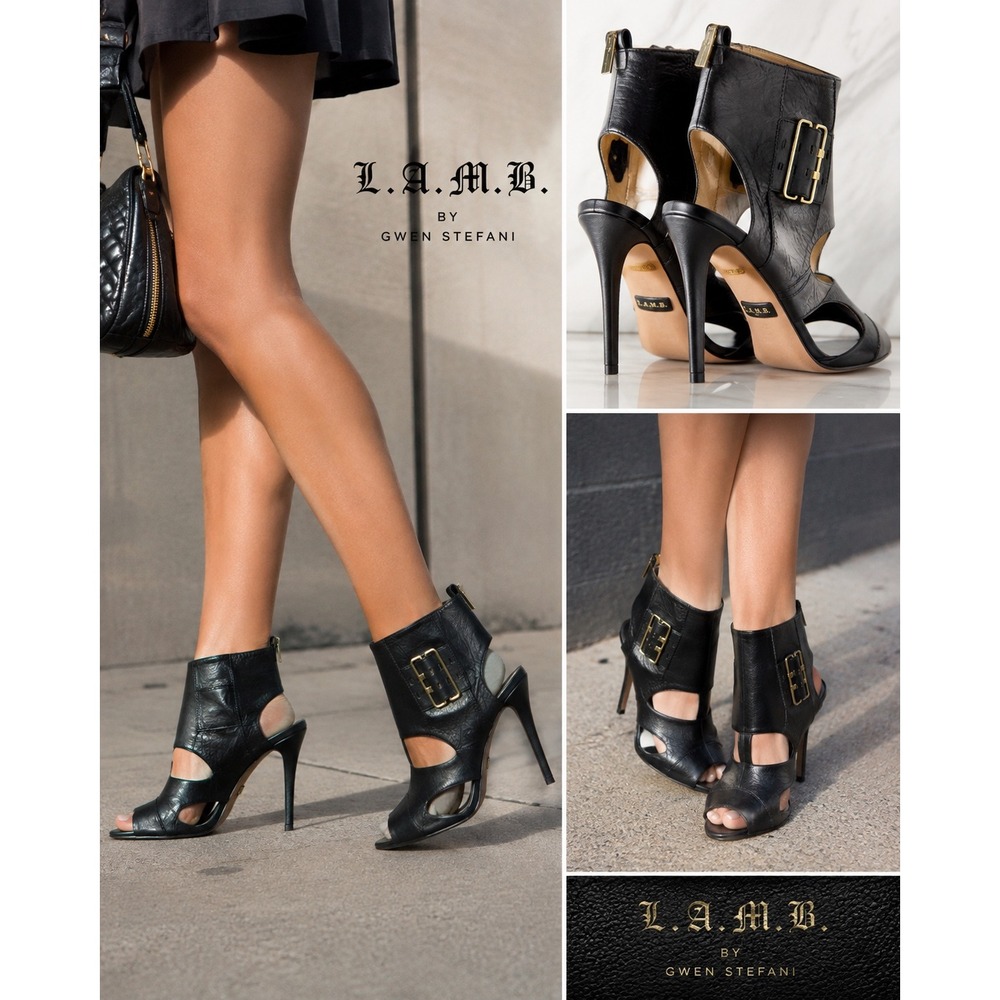 L.A.M.B. Gwen Stefani Black Leather Buckle Ankle Bootie Stiletto Heels